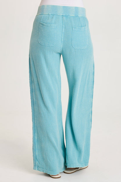 Elu Gauze Ladder Lace Trim Wide-Leg Pull-On Pant Distress Wash Waterfall - XCVI