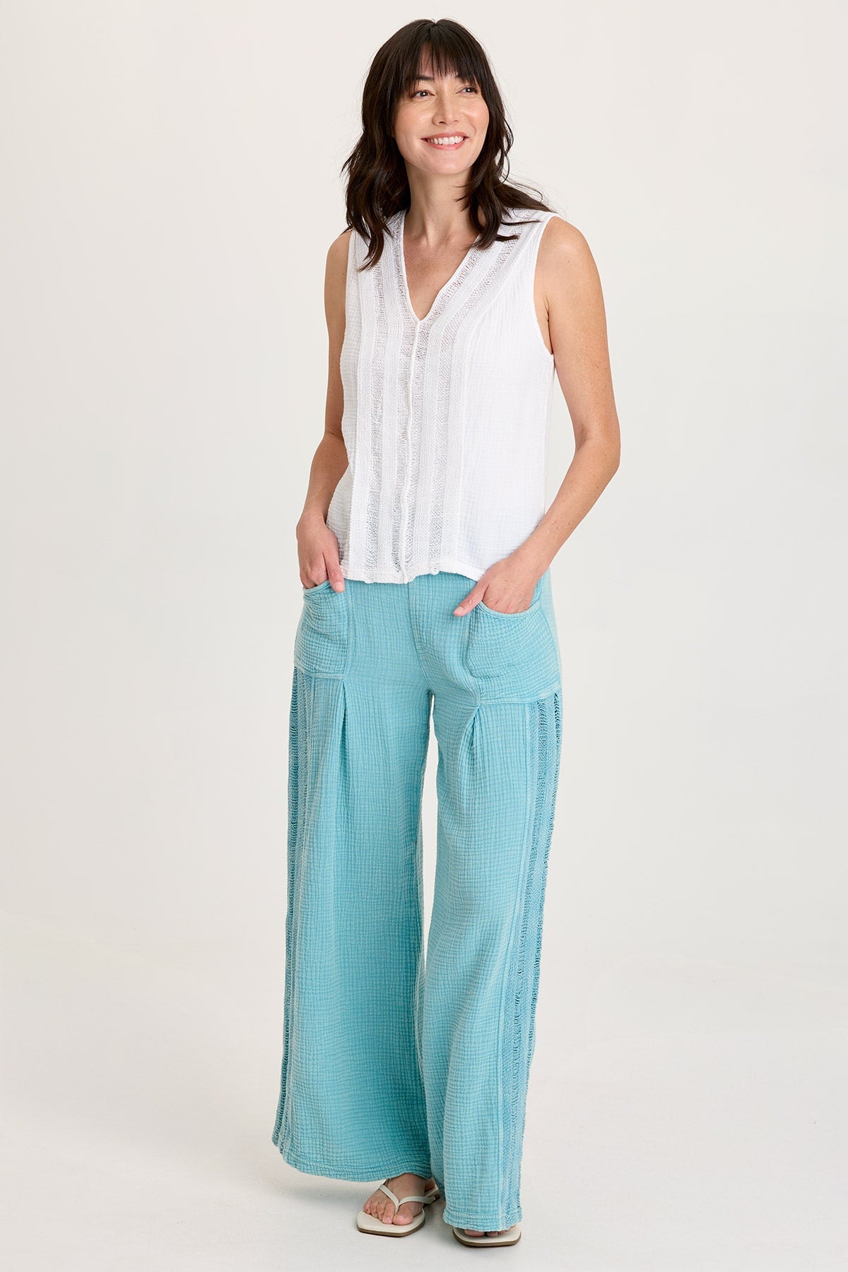 Elu Gauze Ladder Lace Trim Wide-Leg Pull-On Pant Distress Wash Waterfall - XCVI