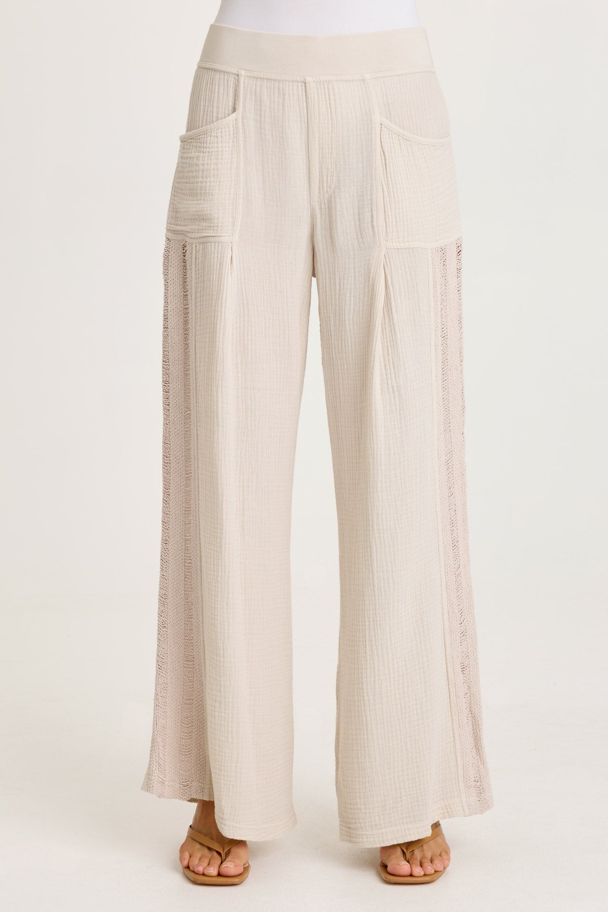 Elu Gauze Ladder Lace Trim Wide-Leg Pull-On Pant Sonic Silver - XCVI