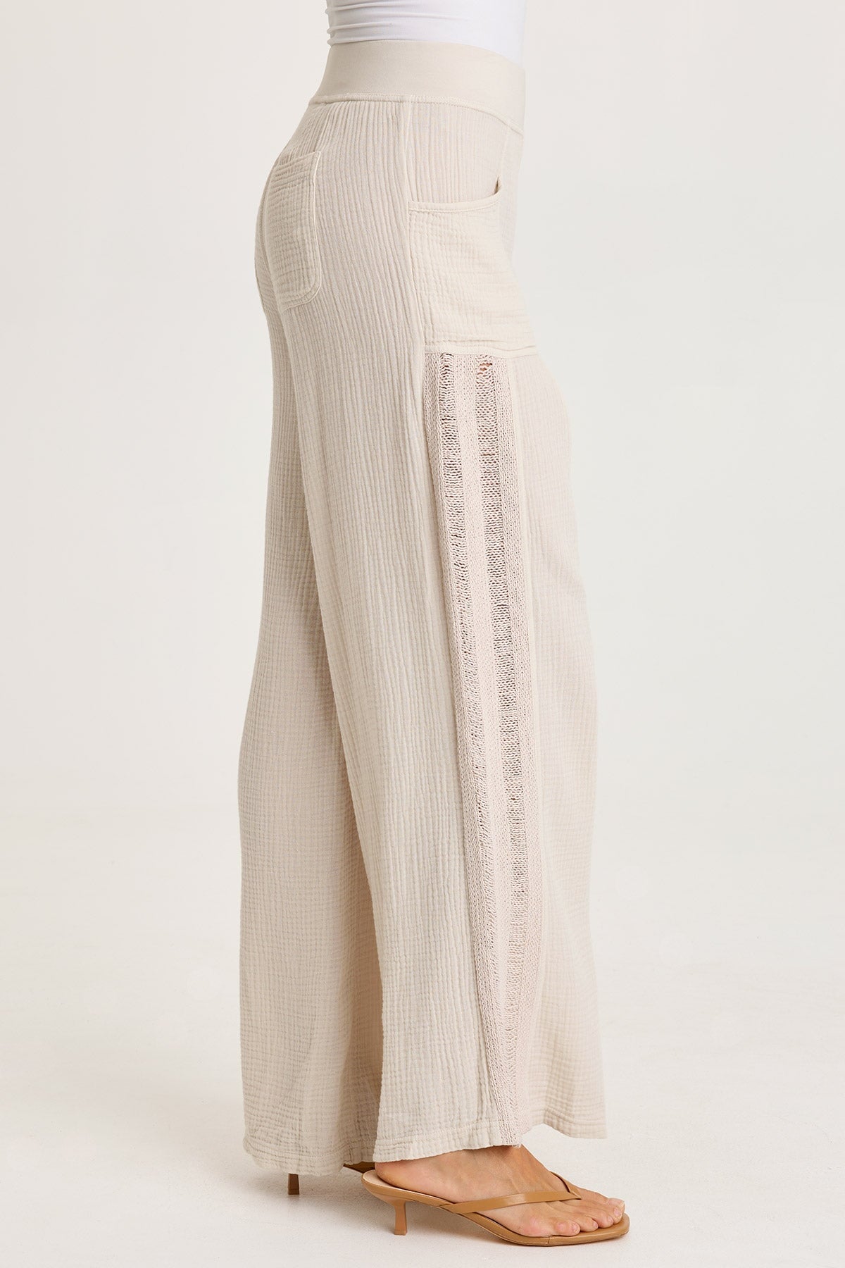 Elu Gauze Ladder Lace Trim Wide-Leg Pull-On Pant Sonic Silver - XCVI