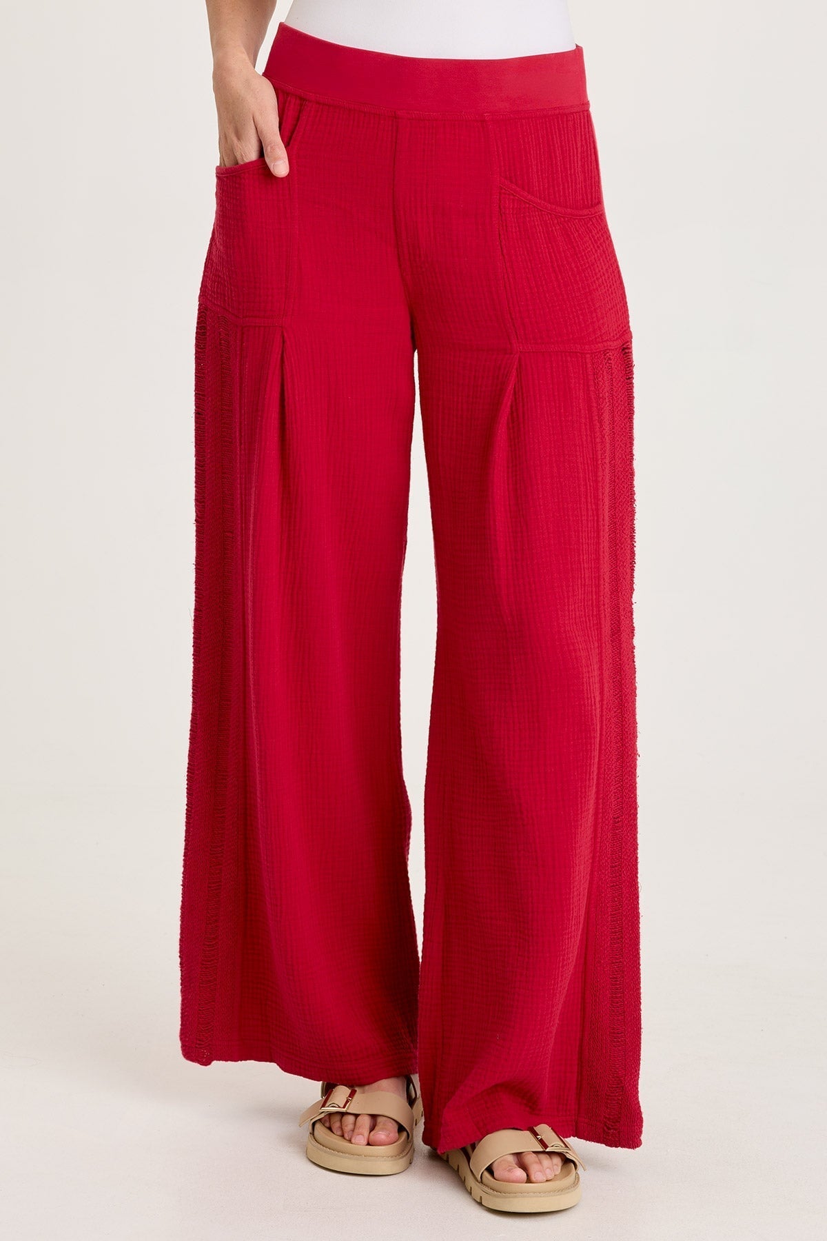 Elu Gauze Ladder Lace Trim Wide-Leg Pull-On Pant Red Garnet - XCVI