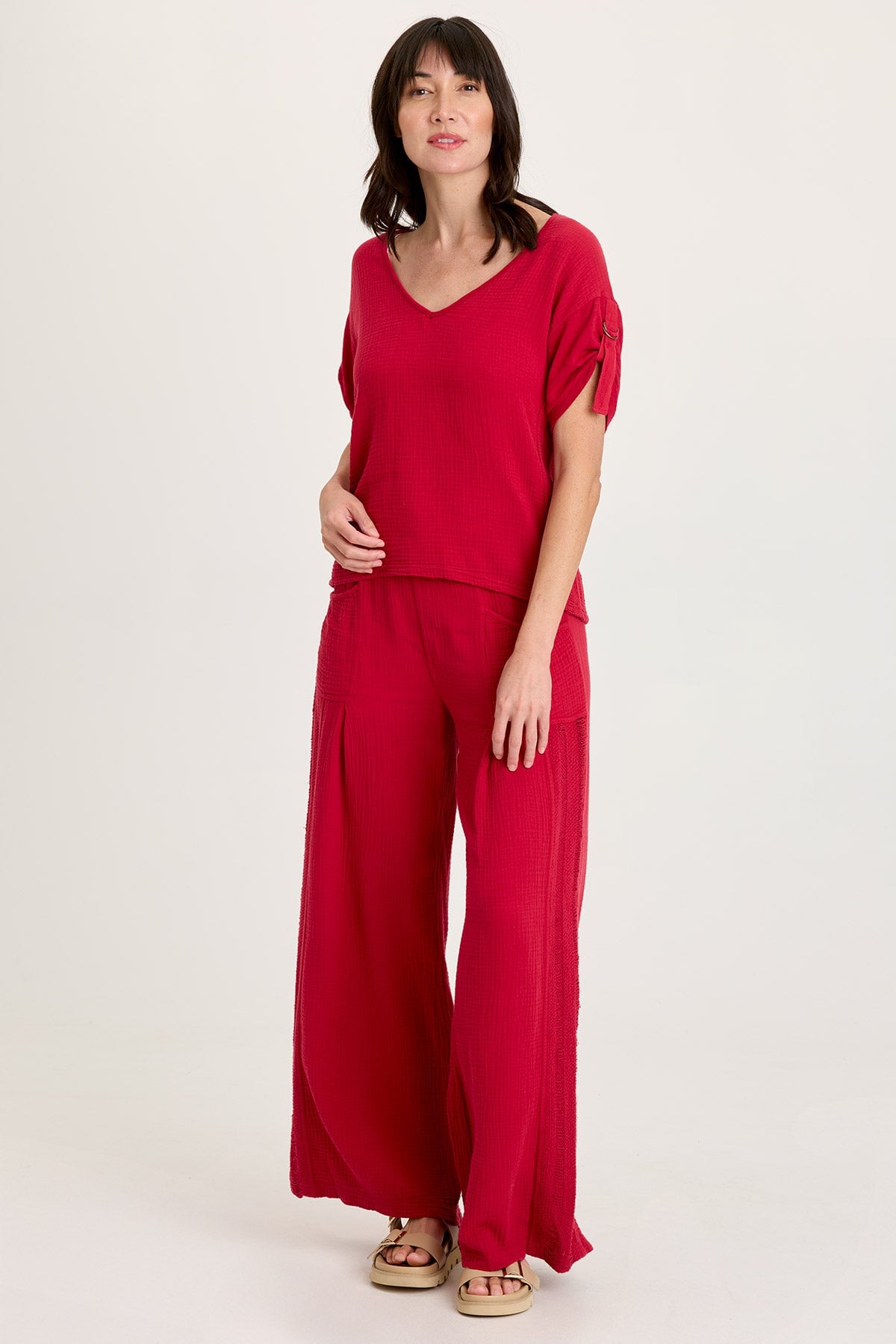 Elu Gauze Ladder Lace Trim Wide-Leg Pull-On Pant Red Garnet - XCVI