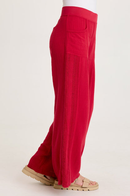 Elu Gauze Ladder Lace Trim Wide-Leg Pull-On Pant Red Garnet - XCVI