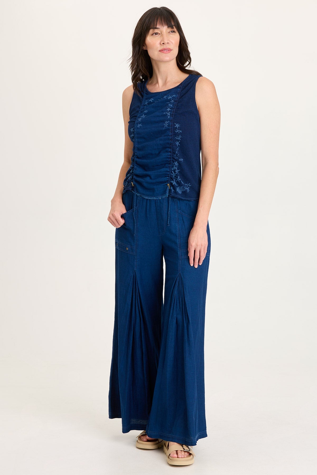 Jerona Indigo Twill Double Pleated Wide-Leg Pant Sluice Wash - XCVI