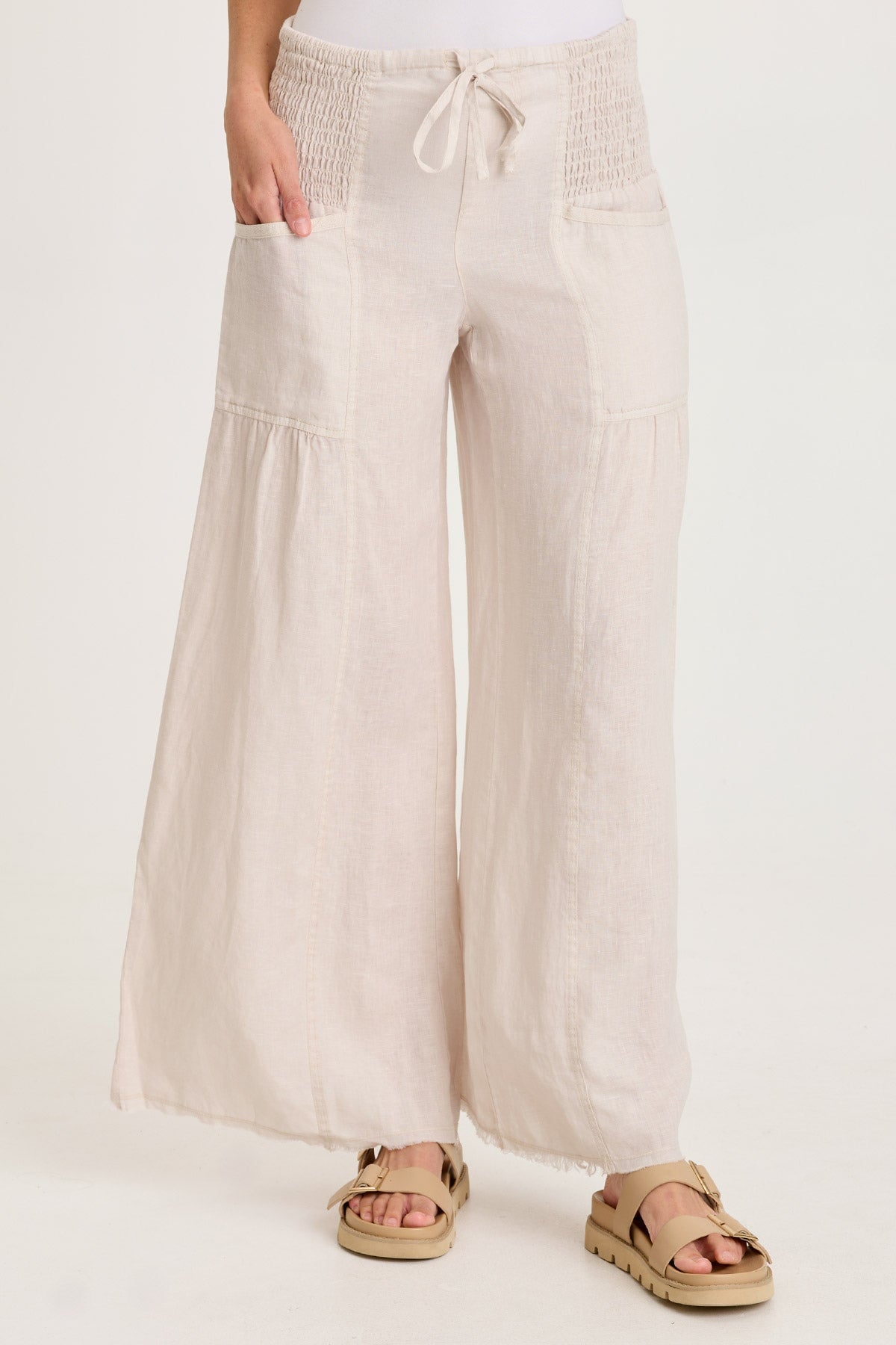 Coleson Linen Smocked Waist Pleated Wide Leg Pant Sonic Silver - XCVI