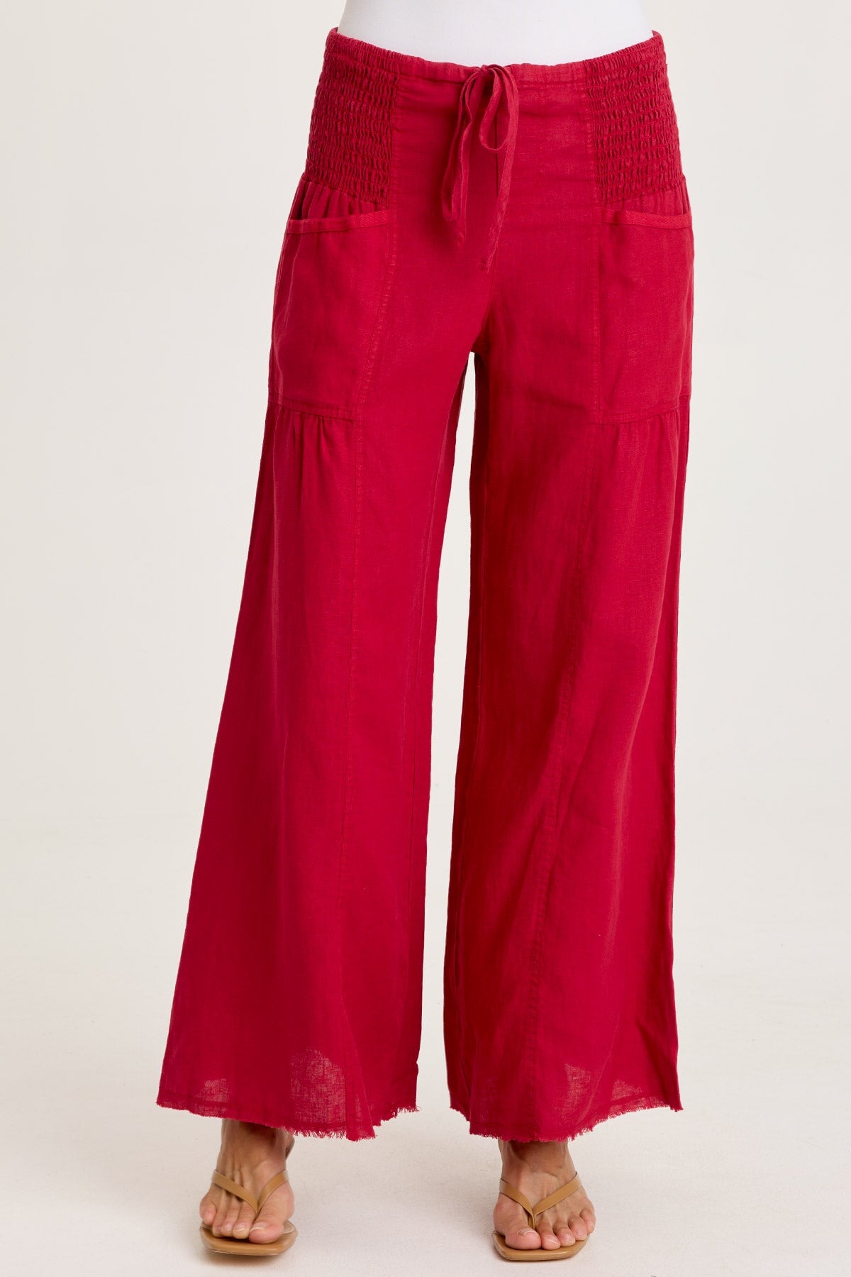 Coleson Linen Smocked Waist Pleated Wide Leg Pant Red Garnet - XCVI