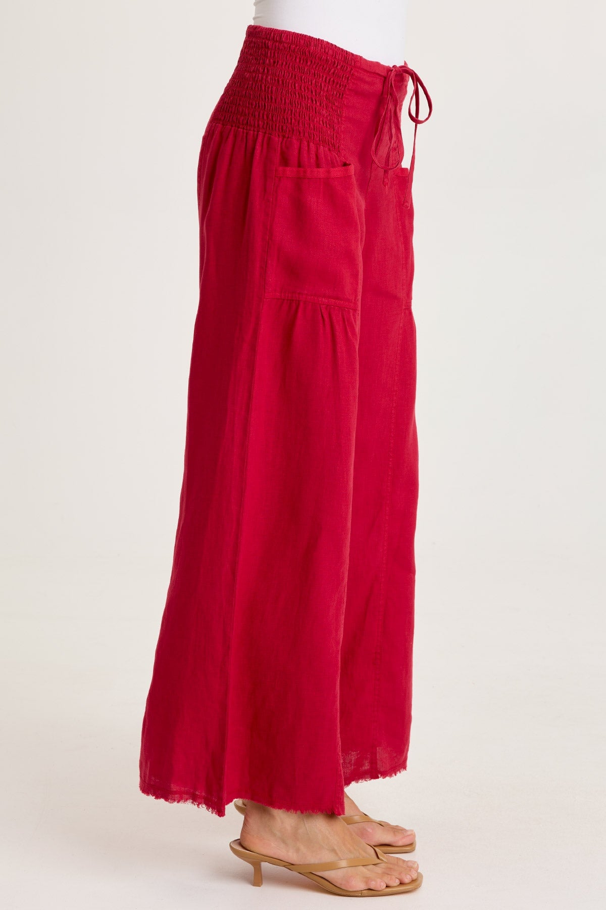 Coleson Linen Smocked Waist Pleated Wide Leg Pant Red Garnet - XCVI