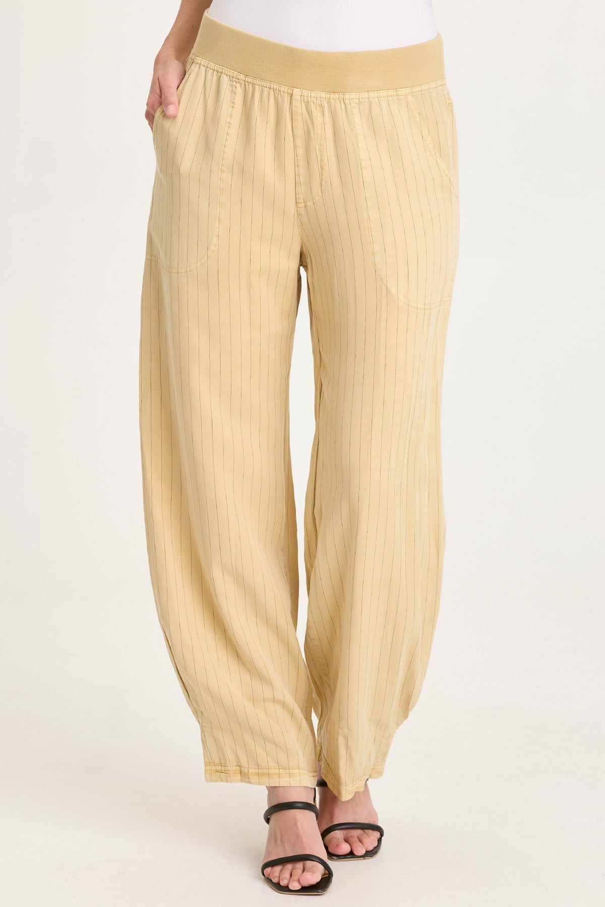 Carell Pinstripe Twill Pleated Hem Full Leg Pant Raffia Pigment - XCVI