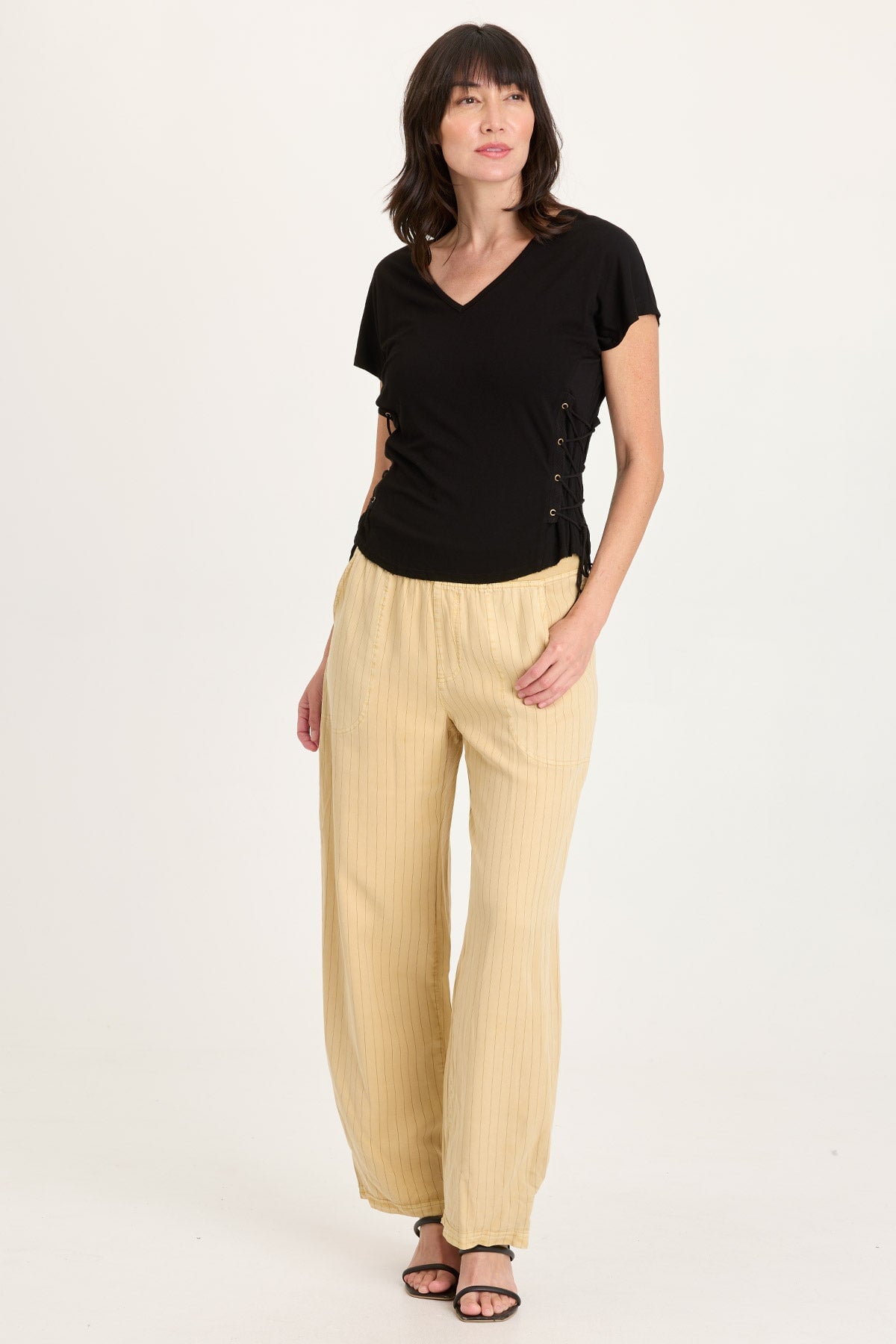 Carell Pinstripe Twill Pleated Hem Full Leg Pant Raffia Pigment - XCVI