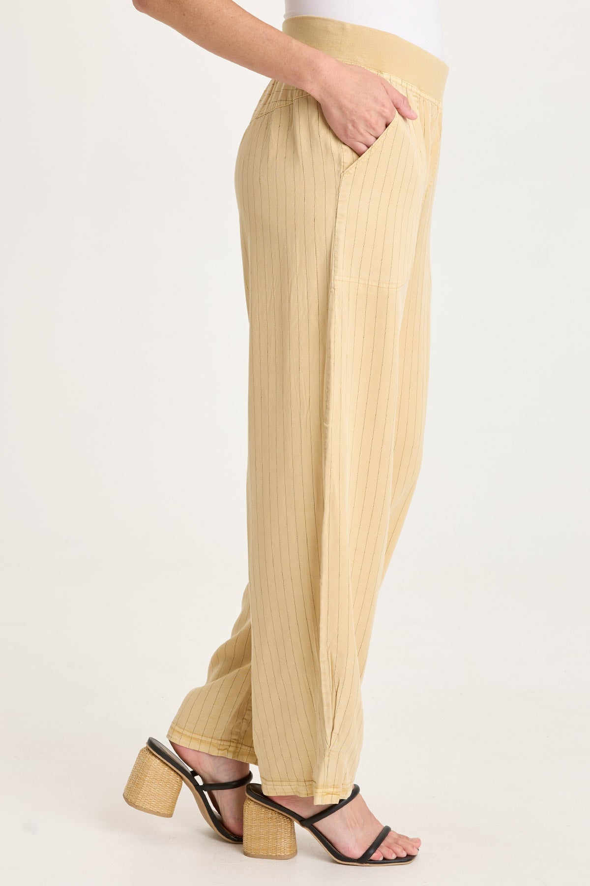 Carell Pinstripe Twill Pleated Hem Full Leg Pant Raffia Pigment - XCVI