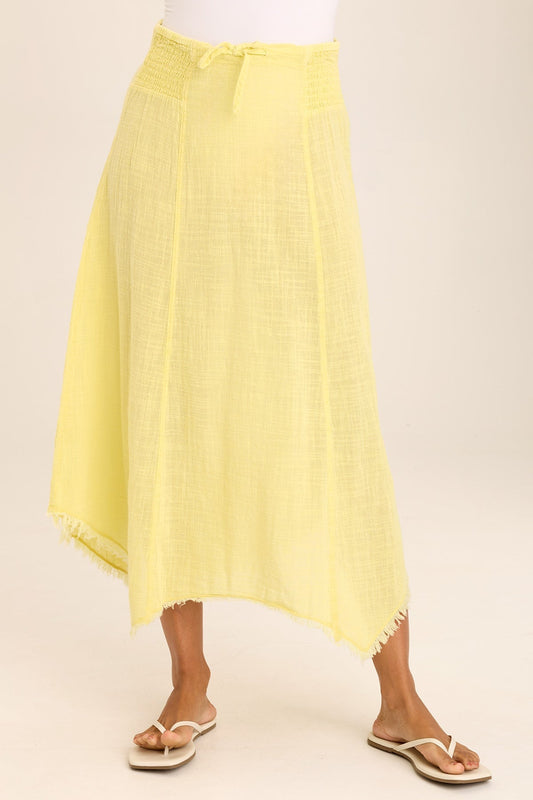 Wearables Zuri Gauze Handkerchief Casual Midi Skirt flowy with raw-edge details and ruched adjustable tie waist in Yellow Illume Pigment - XCVI