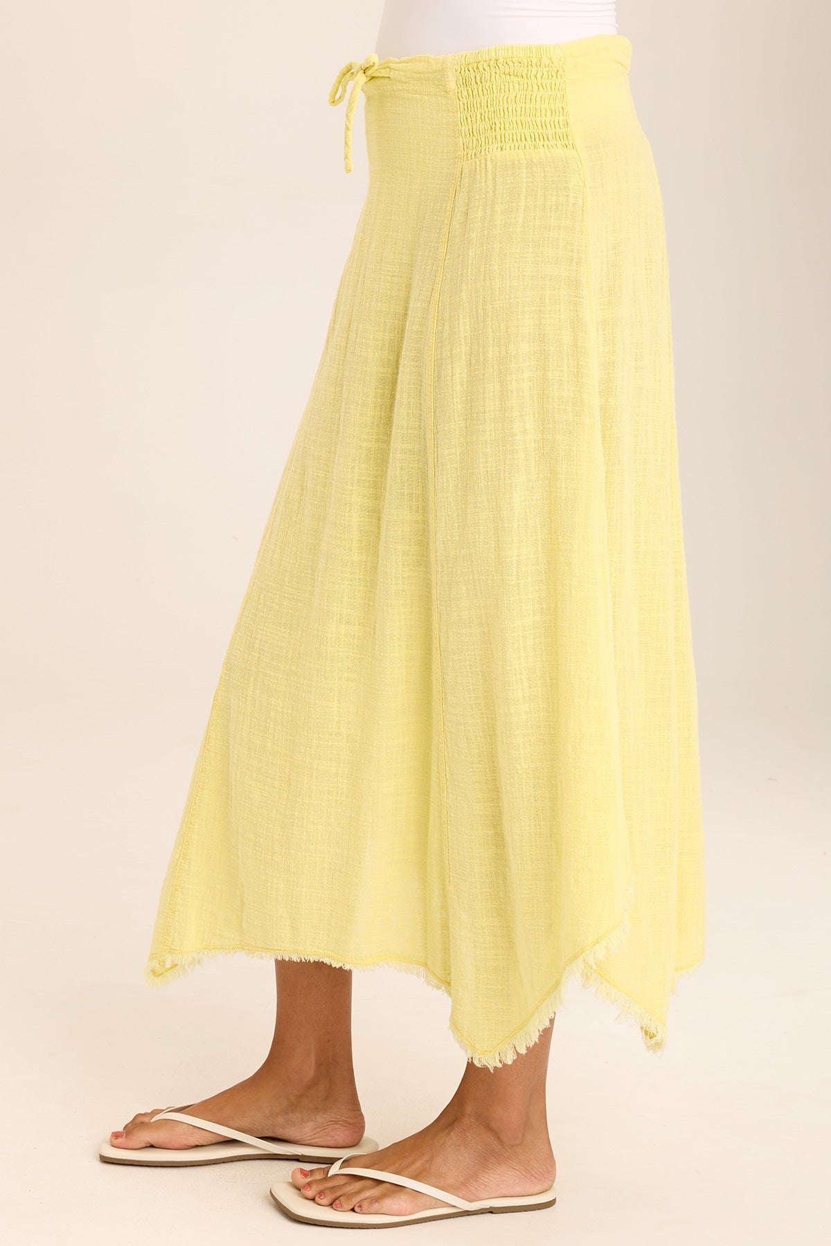 Wearables Zuri Gauze Handkerchief Casual Midi Skirt flowy with raw-edge details and ruched adjustable tie waist in Yellow Illume Pigment - XCVI