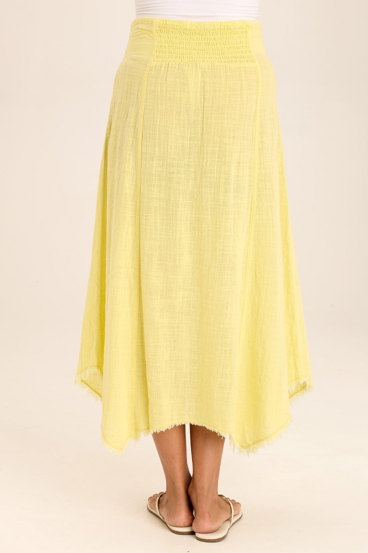 Wearables Zuri Gauze Handkerchief Casual Midi Skirt flowy with raw-edge details and ruched adjustable tie waist in Yellow Illume Pigment - XCVI