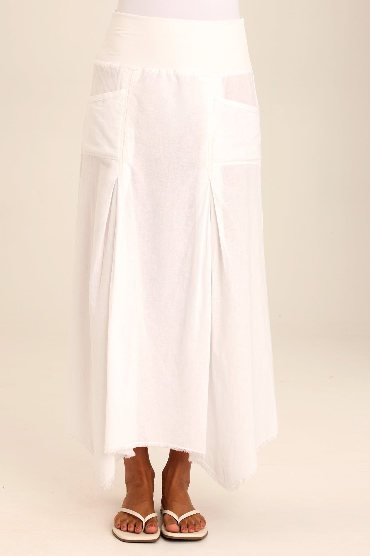 Wearables Triste Linen Bohemian Sharkbite Maxi Skirt with stretch jersey high waist and soft volume in White White - XCVI