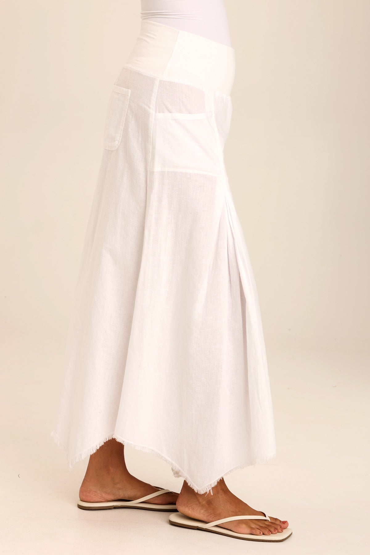 Wearables Triste Linen Bohemian Sharkbite Maxi Skirt with stretch jersey high waist and soft volume in White White - XCVI