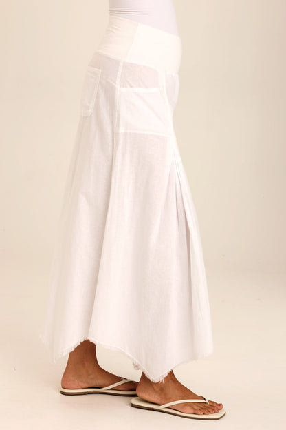 Wearables Triste Linen Bohemian Sharkbite Maxi Skirt with stretch jersey high waist and soft volume in White White - XCVI