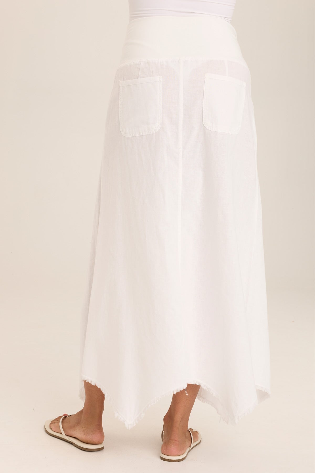 Wearables Triste Linen Bohemian Sharkbite Maxi Skirt with stretch jersey high waist and soft volume in White White - XCVI