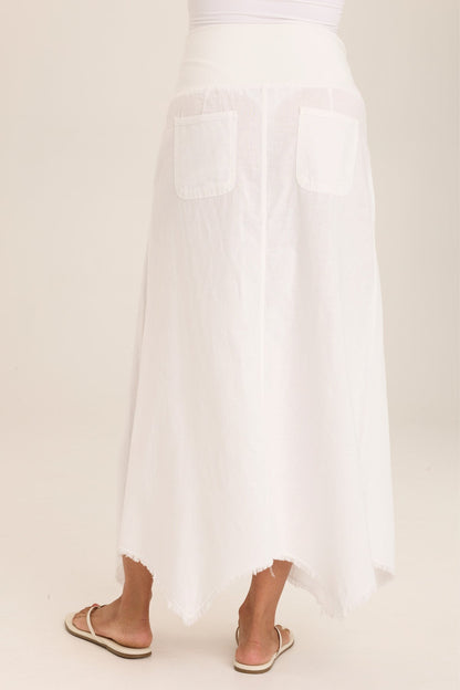 Wearables Triste Linen Bohemian Sharkbite Maxi Skirt with stretch jersey high waist and soft volume in White White - XCVI