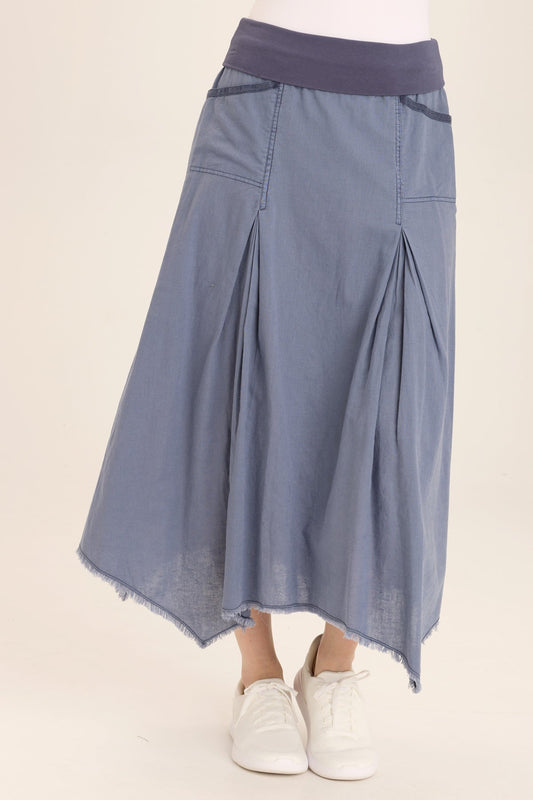 Wearables Triste Linen Bohemian Sharkbite Maxi Skirt with stretch jersey high waist and soft volume in Blue Hypnotic Pigment - XCVI