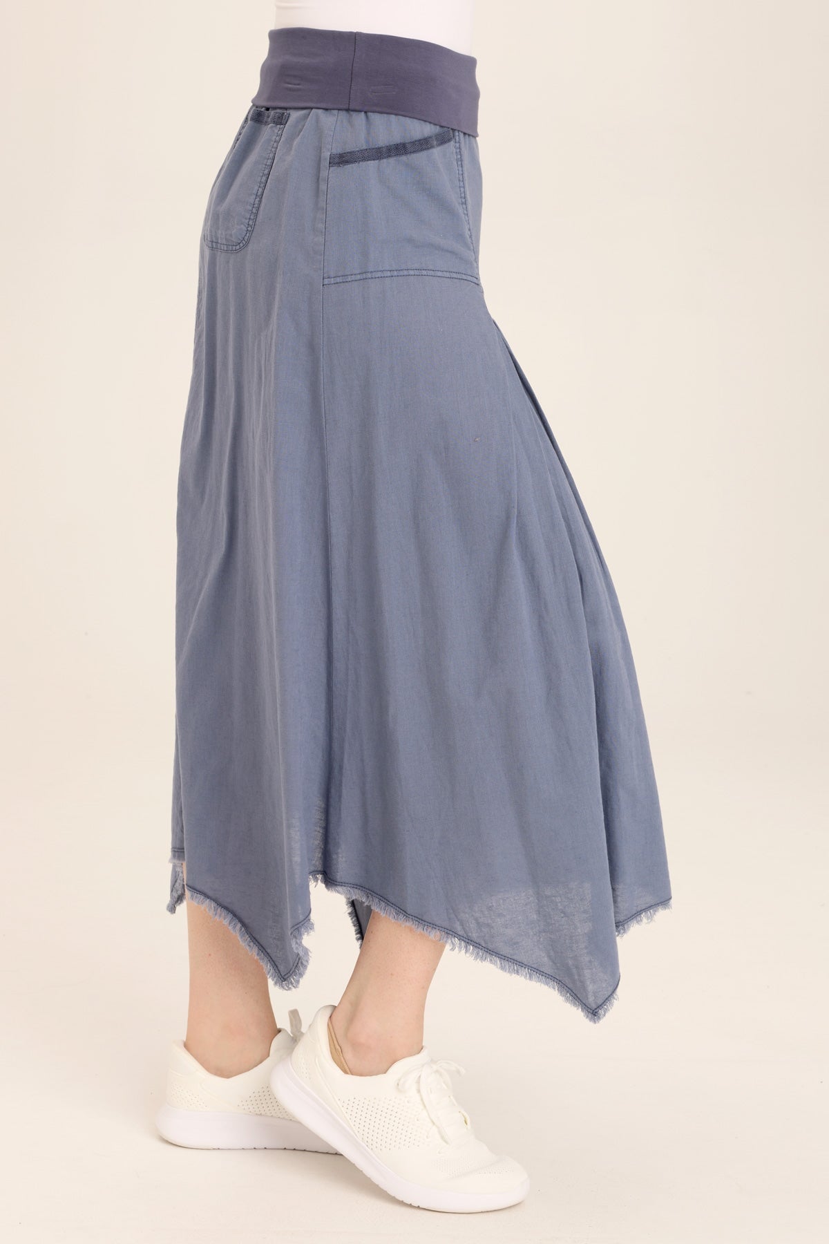 Wearables Triste Linen Bohemian Sharkbite Maxi Skirt with stretch jersey high waist and soft volume in Blue Hypnotic Pigment - XCVI