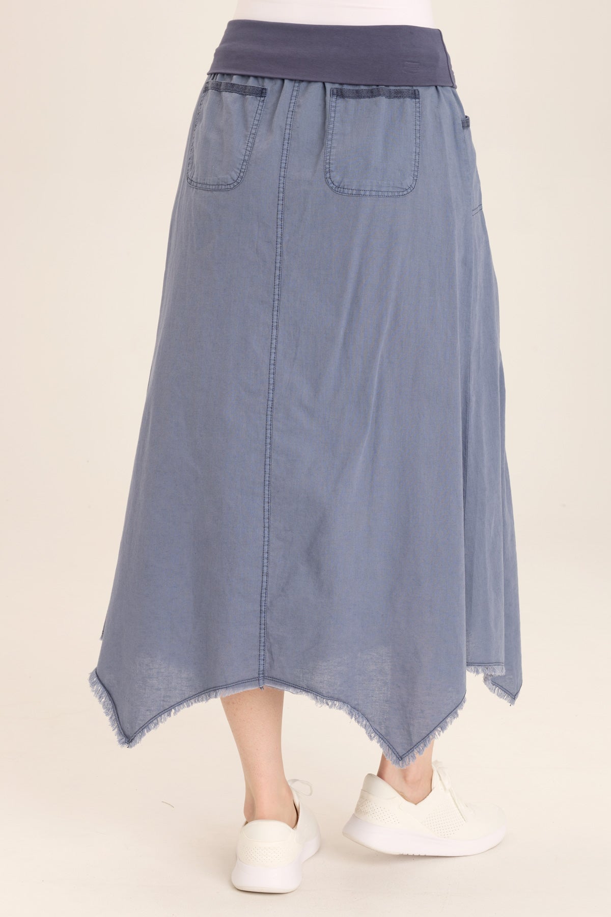 Wearables Triste Linen Bohemian Sharkbite Maxi Skirt with stretch jersey high waist and soft volume in Blue Hypnotic Pigment - XCVI