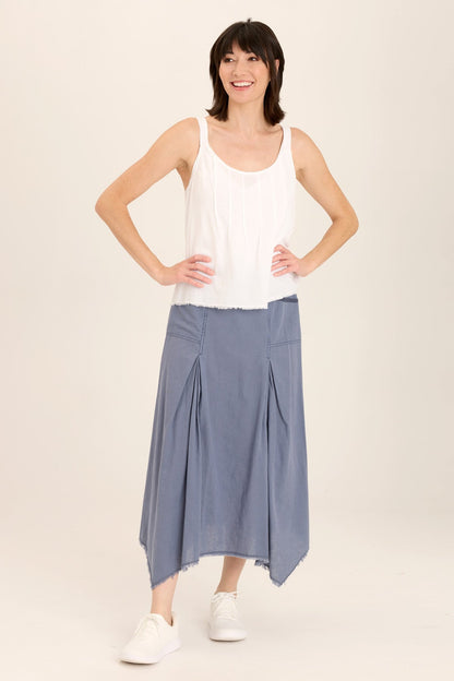 Wearables Triste Linen Bohemian Sharkbite Maxi Skirt with stretch jersey high waist and soft volume in Blue Hypnotic Pigment - XCVI