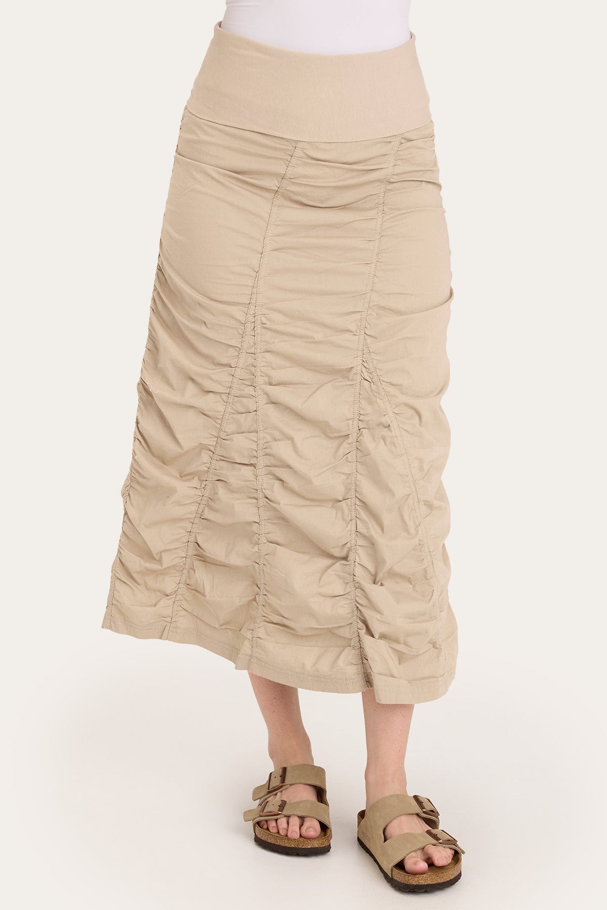 Core by Shirred Panel Asymmetric Midi Skirt in Stretch Poplin with jersey pull-on foldover waistband and gored section in Beige  - XCVI