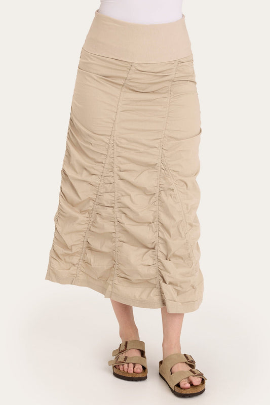 Core by Shirred Panel Asymmetric Midi Skirt in Stretch Poplin with jersey pull-on foldover waistband and gored section in Beige  - XCVI
