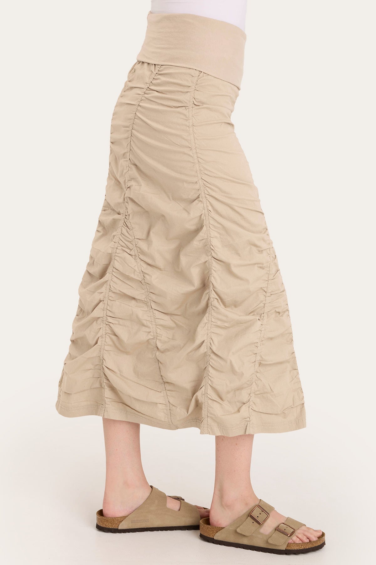 Core by Shirred Panel Asymmetric Midi Skirt in Stretch Poplin with jersey pull-on foldover waistband and gored section in Beige  - XCVI