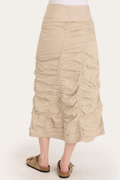 Core by Shirred Panel Asymmetric Midi Skirt in Stretch Poplin with jersey pull-on foldover waistband and gored section in Beige  - XCVI