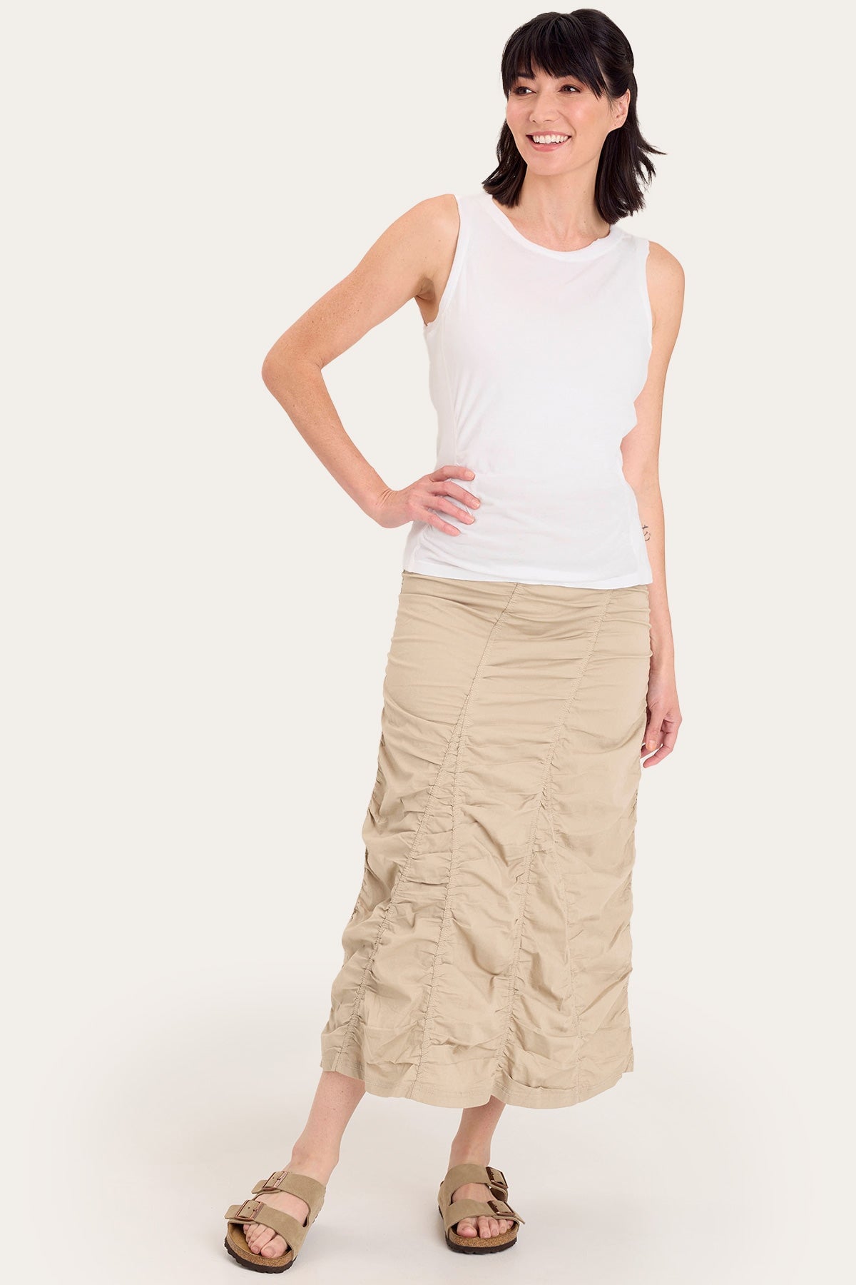 Core by Shirred Panel Asymmetric Midi Skirt in Stretch Poplin with jersey pull-on foldover waistband and gored section in Beige  - XCVI