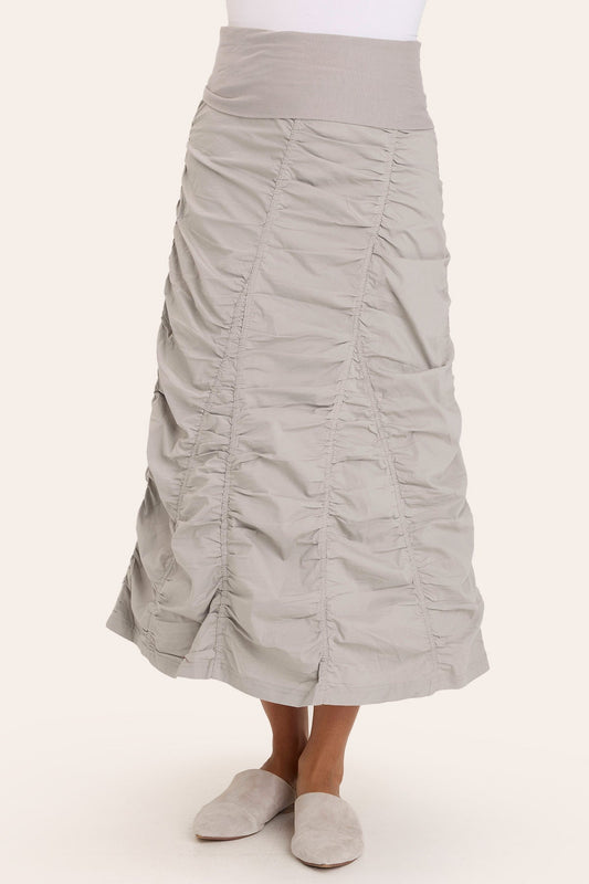 Core by Shirred Panel Asymmetric Midi Skirt in Stretch Poplin with jersey pull-on foldover waistband and gored section in Grey  - XCVI