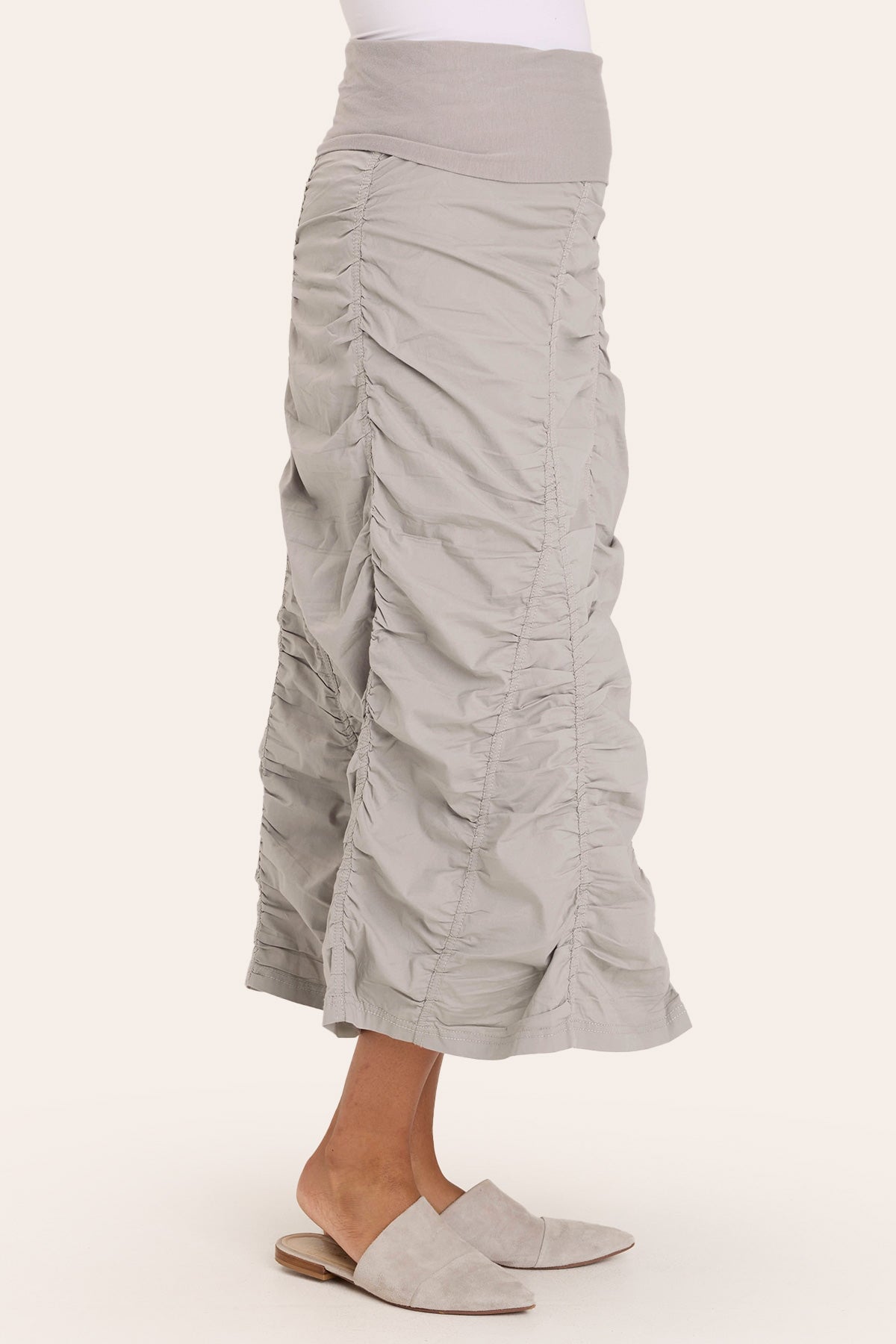 Core by Shirred Panel Asymmetric Midi Skirt in Stretch Poplin with jersey pull-on foldover waistband and gored section in Grey  - XCVI