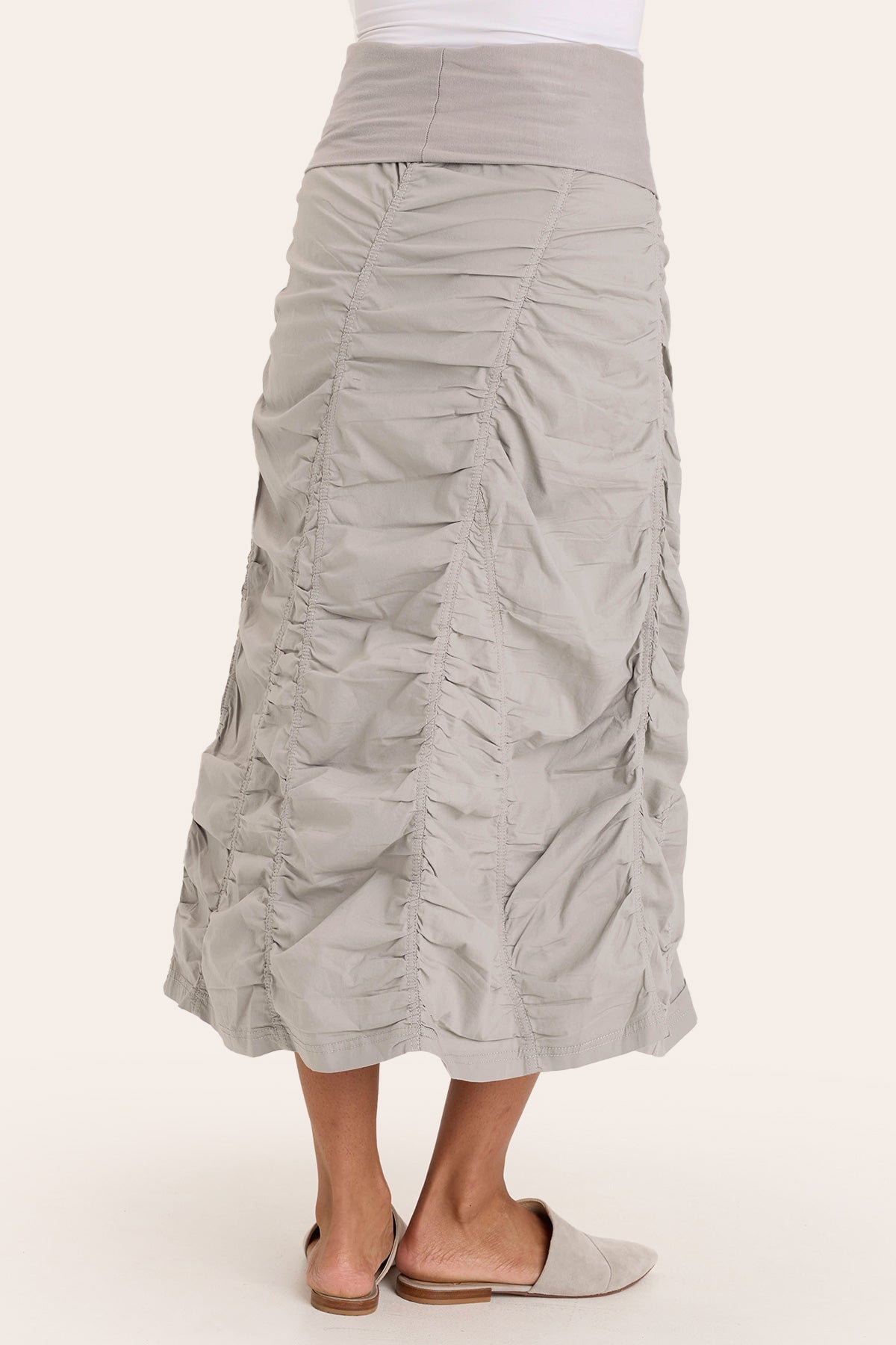 Core by Shirred Panel Asymmetric Midi Skirt in Stretch Poplin with jersey pull-on foldover waistband and gored section in Grey  - XCVI
