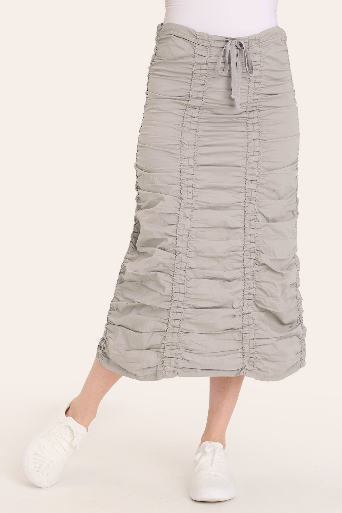 Core by Shirred Drawstring Midi Skirt in Stretch Poplin in Grey  - XCVI