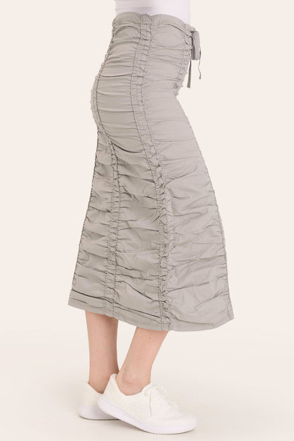 Core by Shirred Drawstring Midi Skirt in Stretch Poplin in Grey  - XCVI