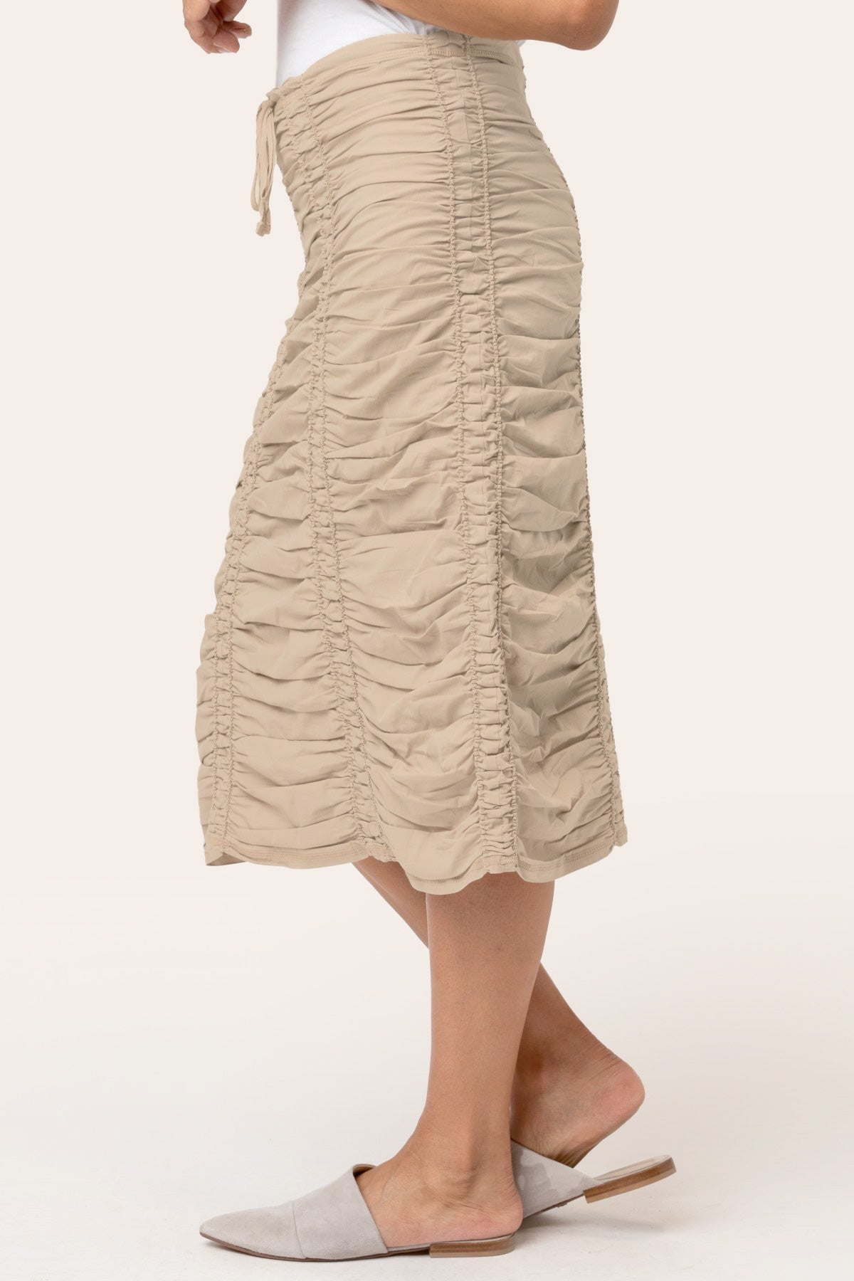 Core by Shirred Drawstring Midi Skirt in Stretch Poplin in Beige  - XCVI