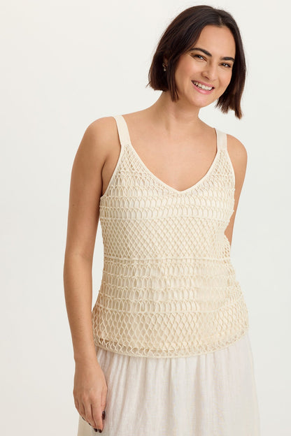 Shire Jersey-Lined 100% Cotton Crochet Tank Toasted Almond - XCVI