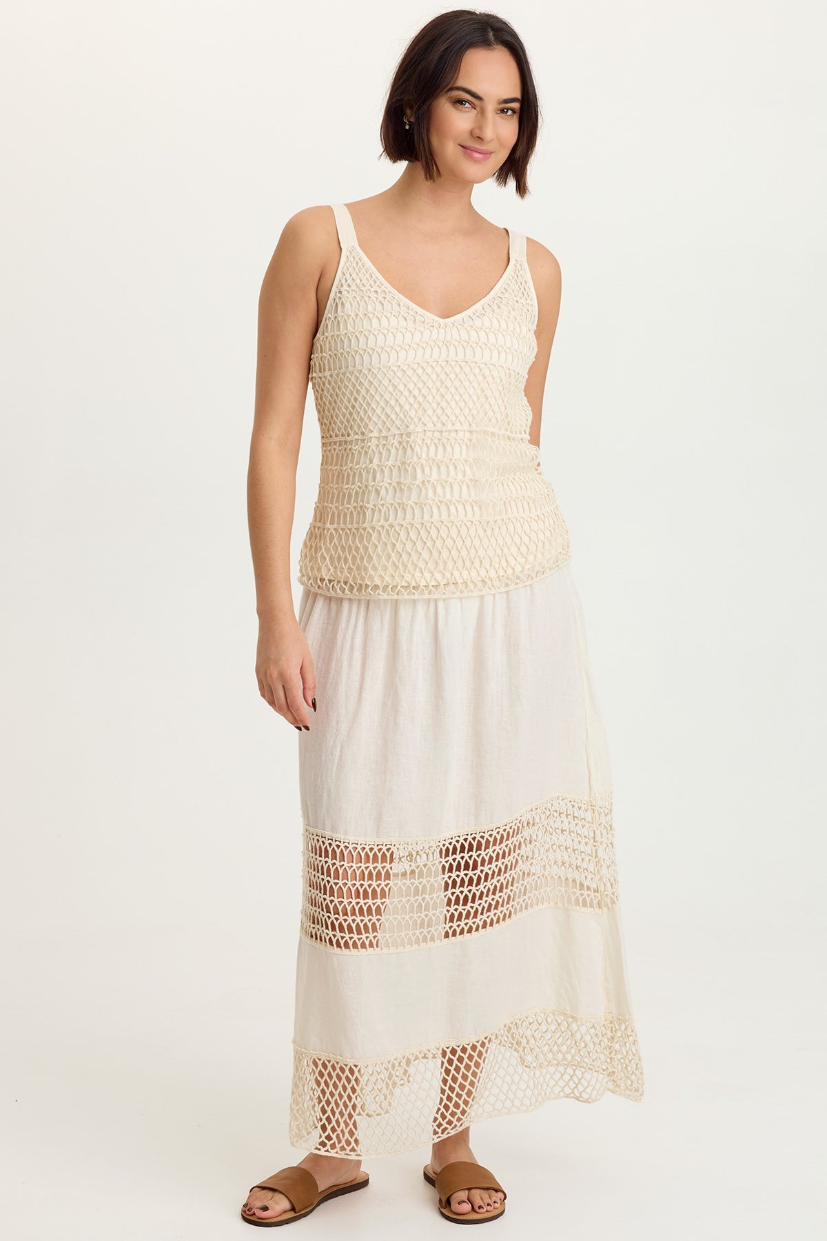 Shire Jersey-Lined 100% Cotton Crochet Tank Toasted Almond - XCVI
