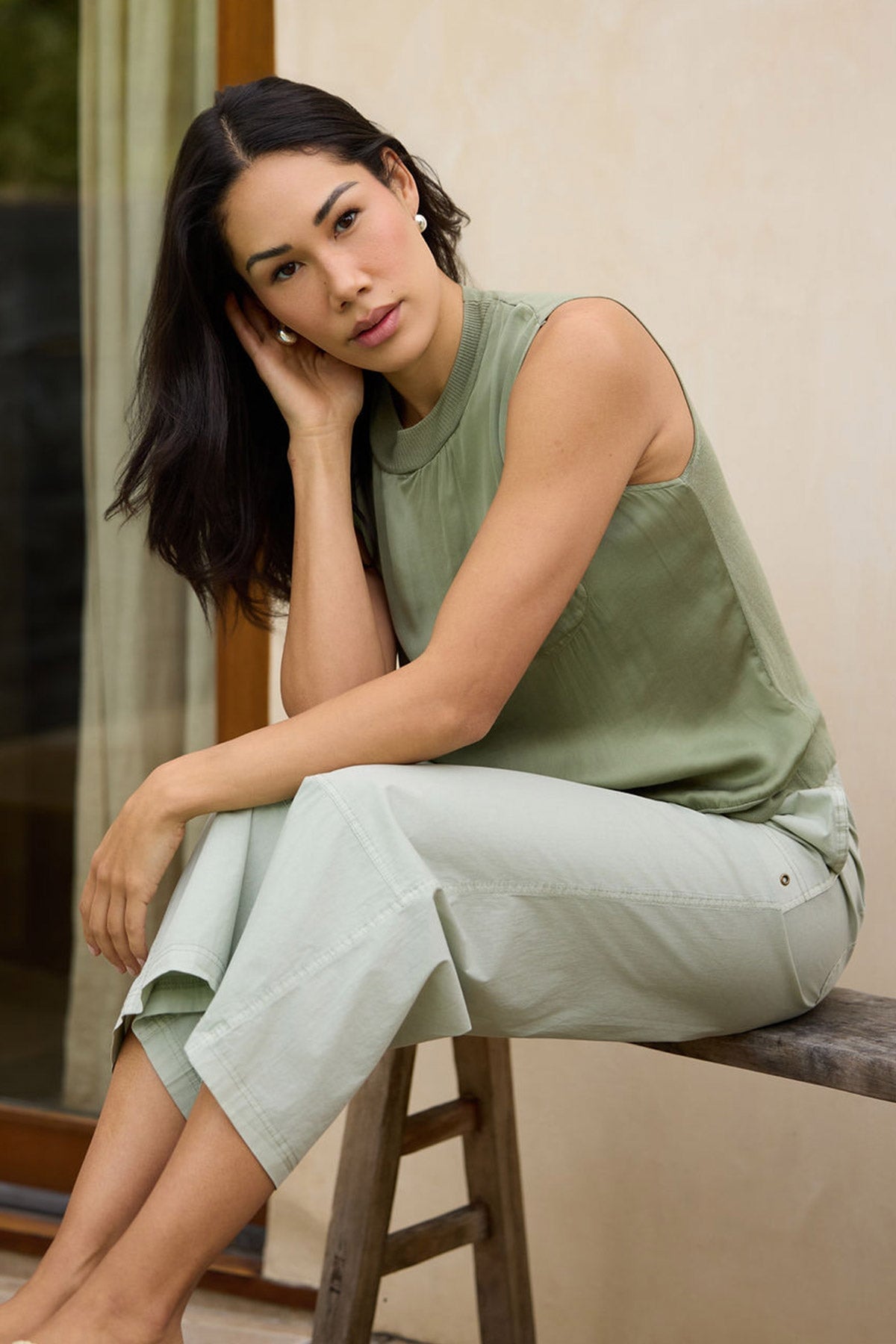 Orren Satin/Knit High Neck Sleeveless Top Tradewind Pigment - XCVI