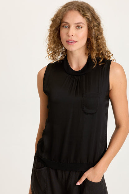 Orren Satin/Knit High Neck Sleeveless Top Black - XCVI