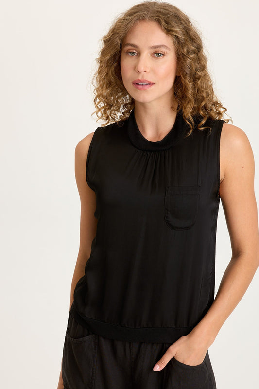 Orren Satin/Knit High Neck Sleeveless Top Black - XCVI