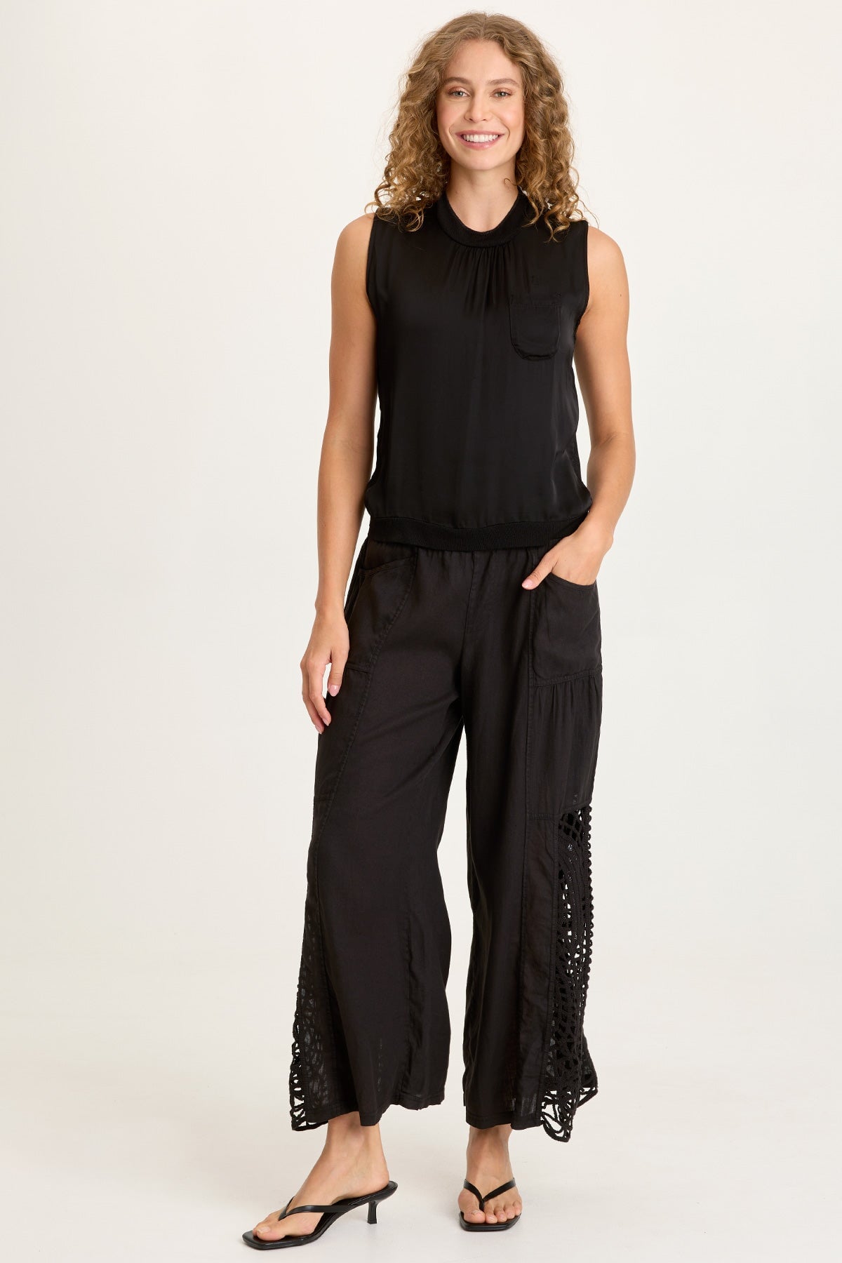 Orren Satin/Knit High Neck Sleeveless Top Black - XCVI
