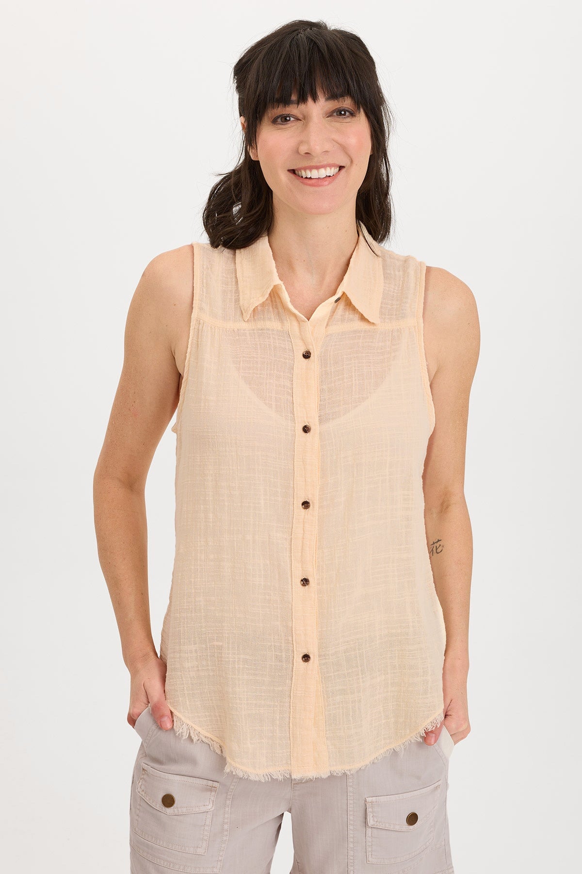 Wearables Otto Cotton Gauze Distressed Button-Up Tank Antique Scroll - XCVI