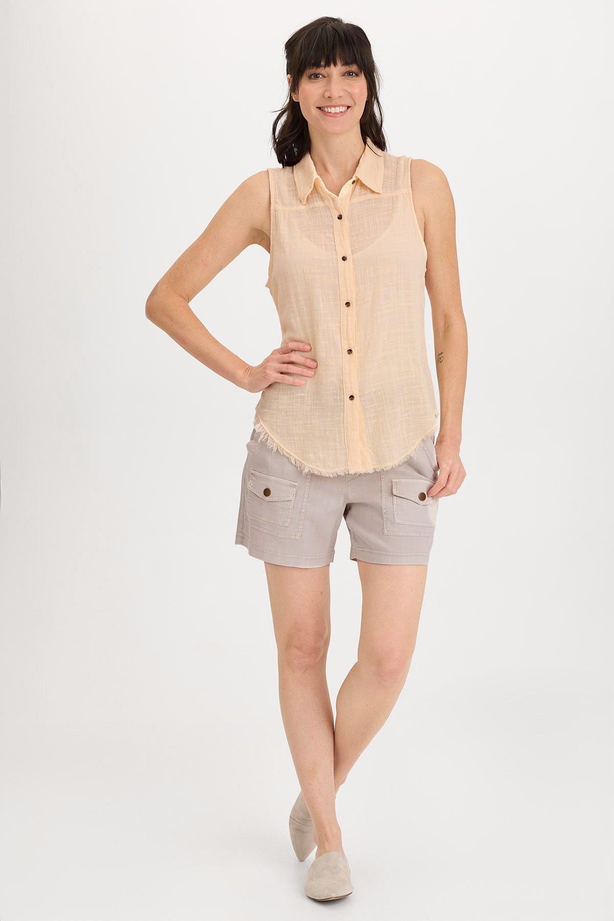 Wearables Otto Cotton Gauze Distressed Button-Up Tank Antique Scroll - XCVI