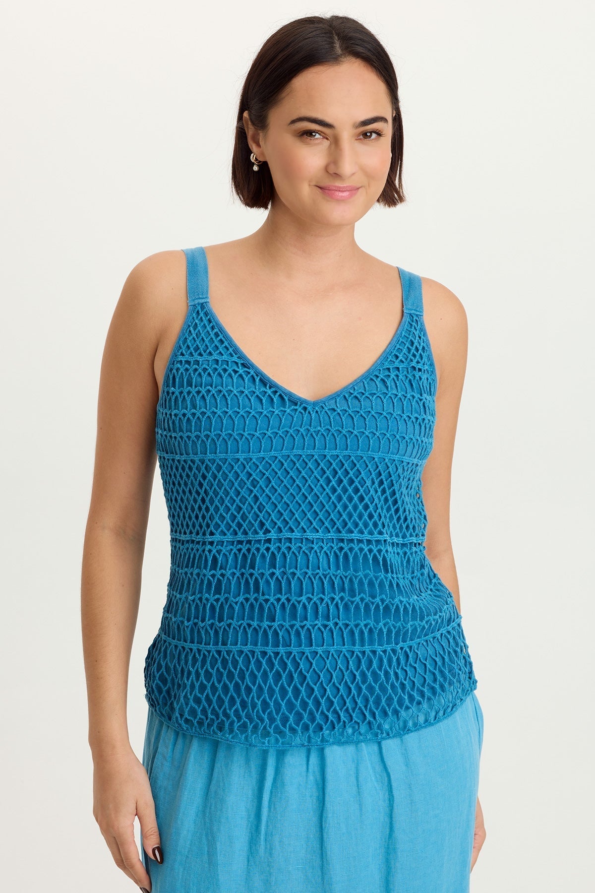 Shire Jersey-Lined 100% Cotton Crochet Tank Aztec Sky Pigment - XCVI