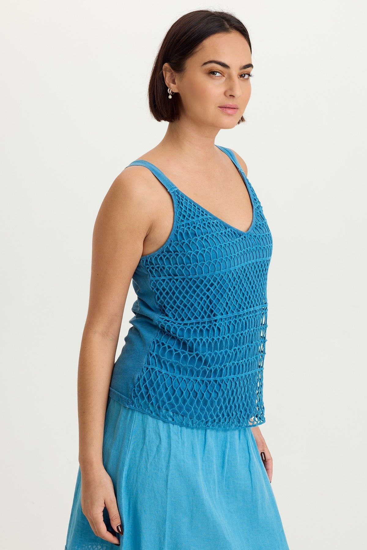 Shire Jersey-Lined 100% Cotton Crochet Tank Aztec Sky Pigment - XCVI