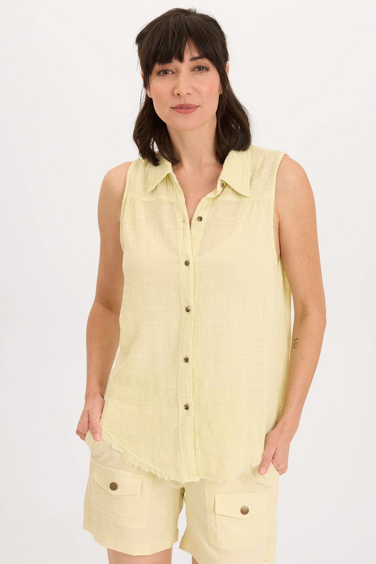 Wearables Otto Cotton Gauze Distressed Button-Up Tank Lemon Meringue Pigment - XCVI