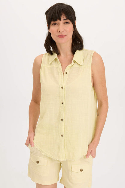 Wearables Otto Cotton Gauze Distressed Button-Up Tank Lemon Meringue Pigment - XCVI