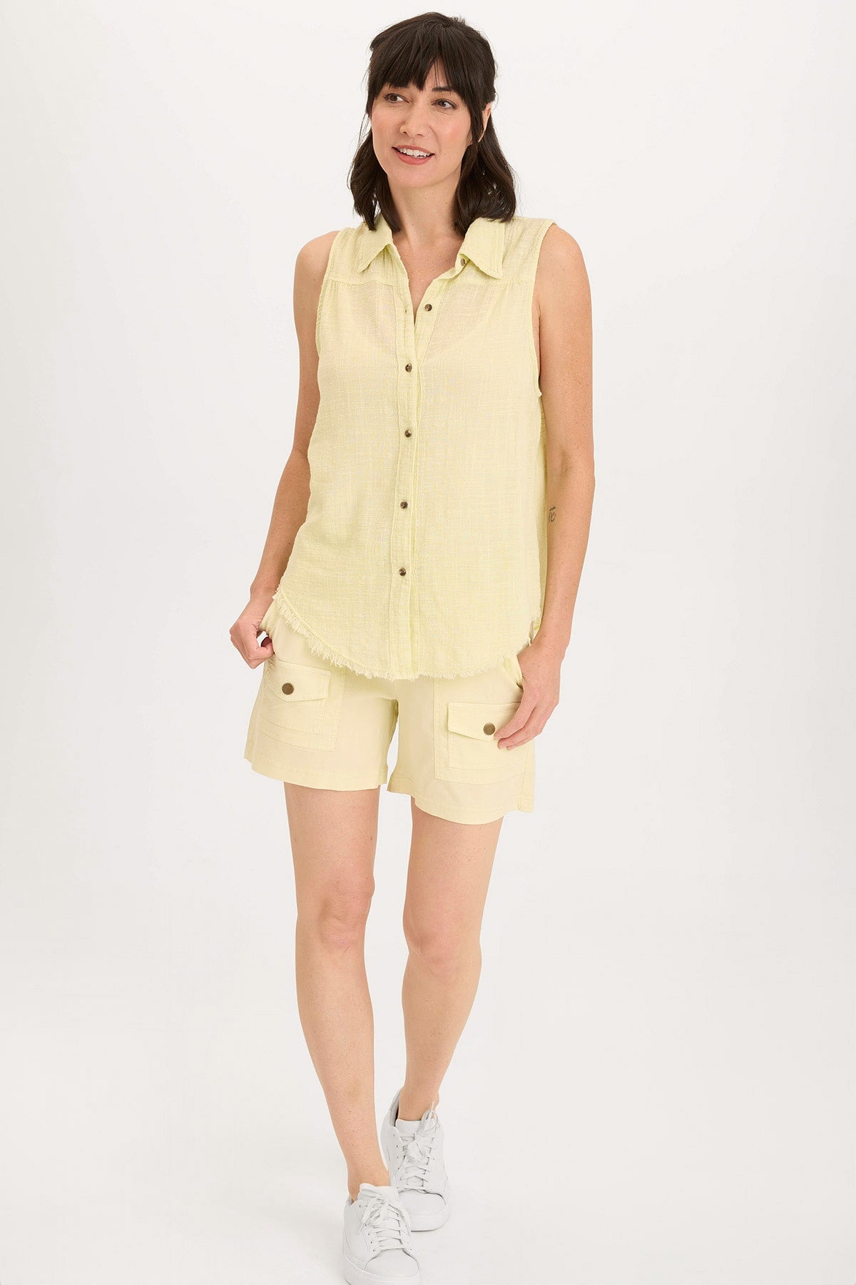 Wearables Otto Cotton Gauze Distressed Button-Up Tank Lemon Meringue Pigment - XCVI